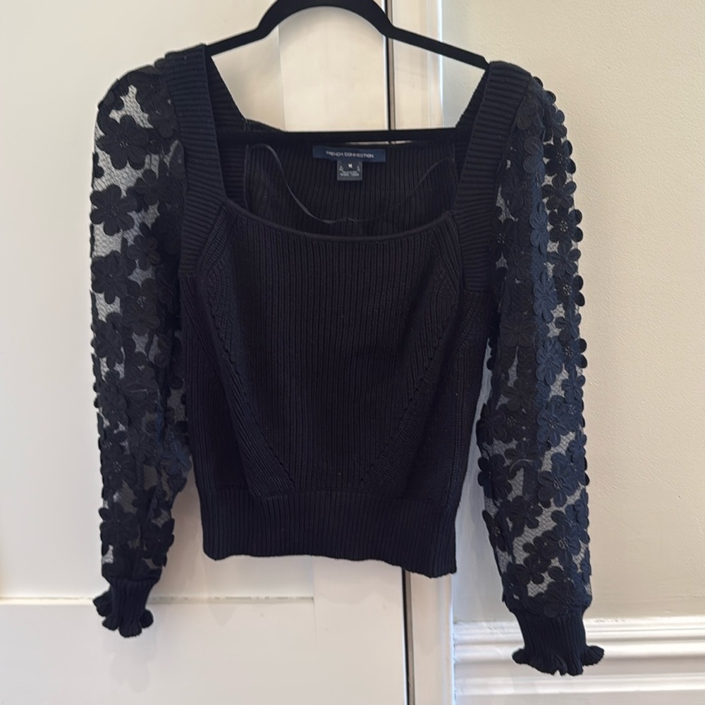 French Connection Juliet Mozart Lace Sleeve Sweater Women's M Black Square Neck